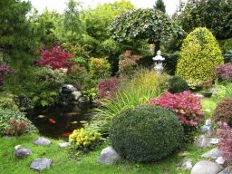 Lush garden with vibrant flowers, a pond, and ornamental shrubs amidst greenery.