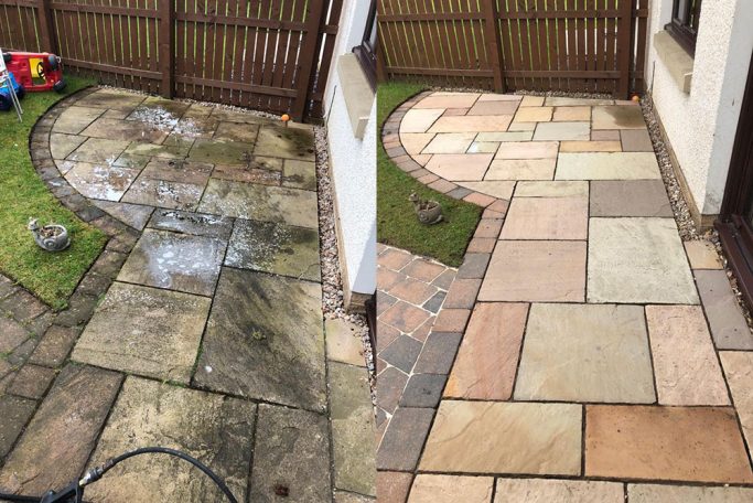 Before and after comparison of a stone patio, showing cleaning and restoration.