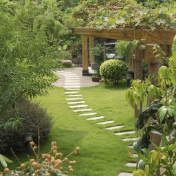 A serene garden pathway lined with stepping stones and lush greenery.