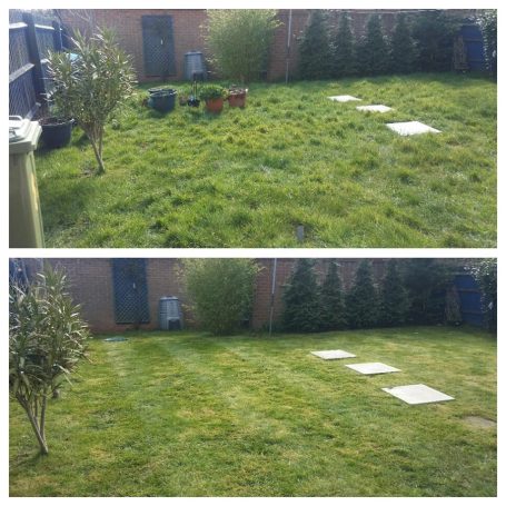 Before and after views of a garden showing overgrown grass and a neatly trimmed lawn with paving stones.